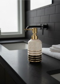 Resim Lumina Gold Lüks Porselen Sıvı Sabunluk - Altın Çizgili Banyo Aksesuarı Siyah 