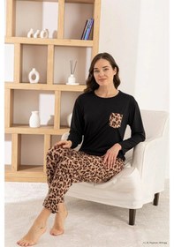Resim Pijamoni Kadın Milan Kumaş Bisiklet Yaka Leopar Desenli Siyah Pijama Takımı Siyah Leopar 