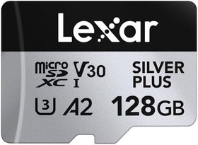 Resim Lexar Silver Plus Micro SD Kart 128 GB, SD Adaptörlü Micro SD Hafıza Kartı, 205 MB/s'ye kadar Okuma Hızı, UHS-I, A2, U3, V30, Sınıf 10, 4K UHD microSDXC Hafıza Kartı 