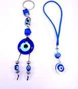 Resim Ennea Art Cam Nazar Boncuğu Anahtarlık+iki Boncuklu Araba Dikiz Ayna Süsü Seti El Yapımı Hediyelik Ikili Set 