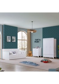 Resim Royale Çocuk Odası Takımı, Flora Yavrulu Karyola, 3 Kapaklı Dolap, Şifonyer Beyaz 