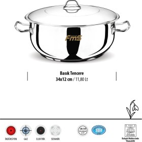 Resim Fms 34 Cm Lüks Basık Çelik Tencere | 11,80 L | 18/10 Paslanmaz | İndüksiyon Taban | 