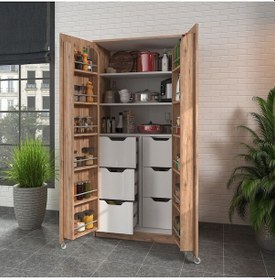 Resim 90 Derece Açılabilir 2 Kapaklı, 6 Çekmeceli, Kavanoz Raflı Kiler Ve Erzak Mutfak Dolabı Atlantik Çam 