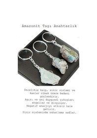 Resim Sertifikalı Gümüş Ham Amazonit Taşı Anahtarlık - Tel Sargılı 