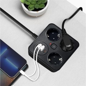 Resim Akım Korumalı Anahtarlı Priz - 3x Priz - 2x USB - 2x Type-C - 2 mt Kablo Hızlı Şarj Özellikli Siyah 