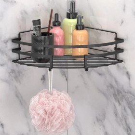 Resim Teknotel Yapışkanlı Kancalı Banyo Köşe Rafı Mat Siyah ST107H 