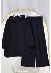 Resim Lovie Moda Kapüşonlu Düğme Detaylı Pantolonlu Takım Siyah 