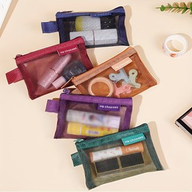 Resim Mini Solid Color Mesh Zipper Pouch, Çok Yönlü Taşıma Çantası, Hafif Anahtar Depolama Çantası 