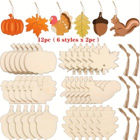 Resim 12 Adet Ahşap Şükran Günü Süsleri - Kabak, Hindi, Akçaağaç Yaprağı, Sincap, Çam Kozalağı Dahil Çeşitli Şekiller DIY Boyama & El İşleri İçin - Noel, Cadılar Bayramı, Paskalya, Hanuka, Sevgililer Günü İçin Çok Yönlü Tatil Süslemeleri - Elektrik Gerektirmez, Tüysüz 