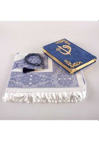Resim Seccade + Tesbih + Kuran Hediye Seti (Orta Boy, Kadife, Lacivert) 