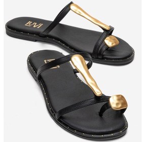 Resim Luvishoes Tessa Siyah Hakiki Deri Gold Tokalı Kadın Parmak Arası Terlik 