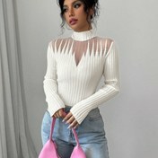 Resim Kadınlar İçin Şık ve Zarif Kazak - Esnek Uzun Kollu Yarı Saydam Mesh Detaylı, Katmanlama için Yüksek Elastiklikli Taban Katmanı, Resmi-Günlük Giyim - Sonbahar/Kış ELEGANTSUT Kadın Giyimi, Moda Öncüsü Stil, İnce İşçilik, Açık Desen Tasarım, Şık Süveter, Ofis Kıyafeti 