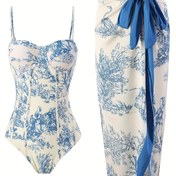 Resim Kadın Vintage Fransız Stili İki Parça Mayo Seti, Polyester %82 Elastan %18, Yüksek Esnek Örme Kumaş, Fiyonk Detaylı Kolsuz Spagetti Askılı Üst, Yarık Etek Silüeti ile Sarma Elbise, Çıkarılamayan Dolgu, Tüm Sezon Yüzme Etek Seti 