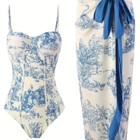 Resim Kadın Vintage Fransız Stili İki Parça Mayo Seti, Polyester %82 Elastan %18, Yüksek Esnek Örme Kumaş, Fiyonk Detaylı Kolsuz Spagetti Askılı Üst, Yarık Etek Silüeti ile Sarma Elbise, Çıkarılamayan Dolgu, Tüm Sezon Yüzme Etek Seti 