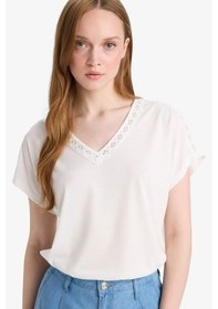Resim Defacto V Yaka Kısa Kollu Tişört F2766ax25smer105 Ekru 