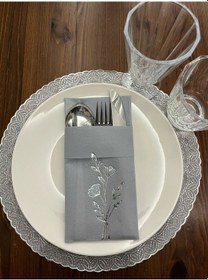 Resim Gümüş Yaldızlı Kumaş Dokulu Air Laid Kanguru Gelincik Çiçeği Gri Cepli Peçete 6 Lı 