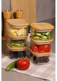 Resim Duo 400ml 6'lı Bambu Vakumlu Kapaklı Cam Kahvaltılık Seti Kahverengi 