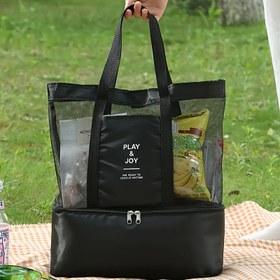 Resim Soğutucu Bölmesi Olan Katmanlı Plaj Çantası, Sabit Omuz Askılı Hafif Polyester Tatil Stili Tote, Havlu ve Mayo için Elde Yıkanabilir, Katlanabilir Saklama Kesesi, Havuz, Tekne Gezileri, Oyuncaklar & Temel Eşyalar İçin Uygun 
