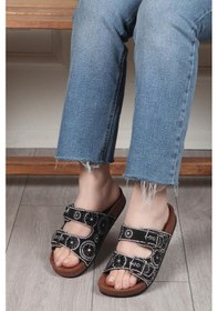 Resim Pienn 20054-002 Kadın Taşlı Çift Tokalı Comfort Terlik Siyah Bej 
