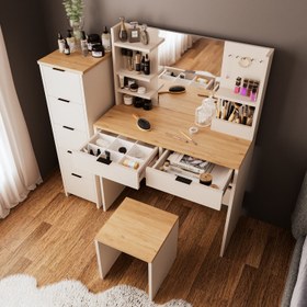 Resim Bimossa U50 Diena Çekmeceli Dolaplı Tabureli Makyaj Masası - Meşe - Kumtaşı 