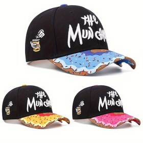 Resim Oyunbaz Donut & "THE MUNCH GANG" Nakışlı Ayarlanabilir Erkek Beyzbol Şapkası - Hafif Akrilik, Günlük Sokak Giyim Stili, Elde Yıkanabilir - Siyah, Mavi, Sarı, Pembe Renklerde Mevcut 