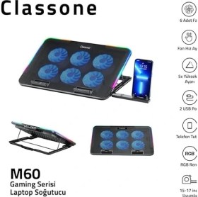 Resim Gaming M60 Laptop Soğutucu, Notebook Stand,10 Rgb Işık Kontrolü, 15.6-17 Inch, Hız Kontrolü, 6 Büyük Fan,telefon Standı, 2 USB 