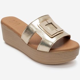 Resim Luvishoes Hıola Altın Hakiki Deri Tokalı Kadın Dolgu Topuklu Terlik 