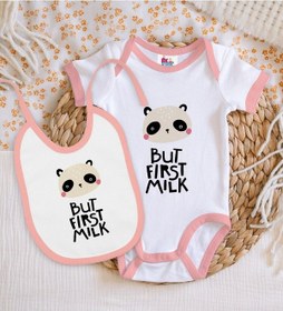 Resim Bk Kids But First Milk Tasarımlı Pembe Bebek Body Zıbın Ve Mama Ö Çok Renkli 