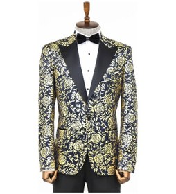 Resim Wessi Gold Gül Desenli Slim Fit Lacivert Erkek Smokin Ceket Lacivert 