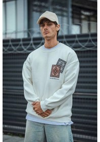 Resim Barlashive Erkek 3 İplik Pamuklu Bisiklet Yaka Baskılı Sweatshirt - Beyaz Çok Renkli 