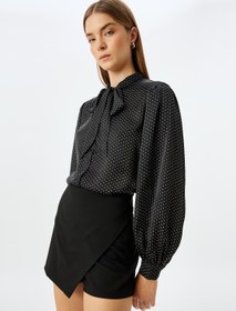 Resim Puantiyeli Uzun Balon Kol Fular Yaka Saten Gömlek 