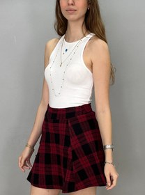 Resim Tam Moda Kadın Kışlık Ekose Bordo Kloş Etek 
