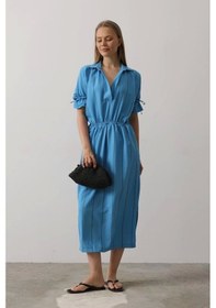 Resim Defymoda Beli Lastikli Elbise - Mavi Mavi 