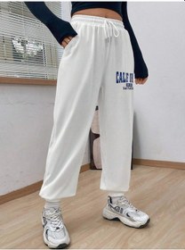 Resim Letter Graphic Drawstring Waist Slant Pocket 4 Mevsim Eşofman Beyaz 
