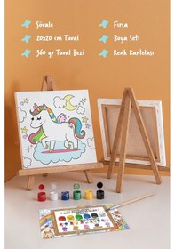Resim Unicorn Temalı Çocuk Boyama Tuvali Seti Şövaleli Eğitici Boyama Seti 20x20 Cm 