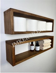 Resim IMKER HOME 2'li Dikdörtgen Ahşap Duvar Rafı Uçan Raf Banyo Mutfak Salon Antre Duvar Düzenleyici Organizer Terek 