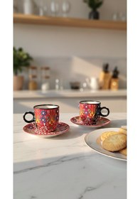 Resim 2'li El Yapımı Türk Kahvesi Fincan Seti, Seramik 4 Parça 2 Kişilik Kahve Fincan Takımı Kırmızı Kırmızı 