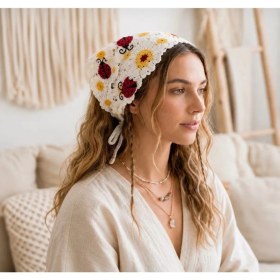 Resim Örgü Üçgen Bandana Sarı Krem Saç Bandı Kadın Genç Kız Çocuk Yazlık Bohem Vintage Kore Tarzı Ayçiçek 