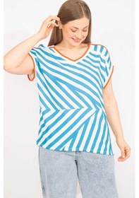 Resim Kadın Turkuaz Büyük Beden Ön Çizgili V Yakalı Bluz 65n35709-turkuaz Turkuaz 