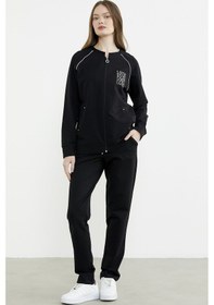 Resim Biye Detaylı Fermuarlı Eşofman Takım - Siyah Siyah 