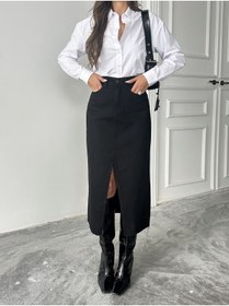 Resim BLUE MARLIN KADIN SİYAH UCU KESİK ÖN YIRTMAÇ KOT ETEK 