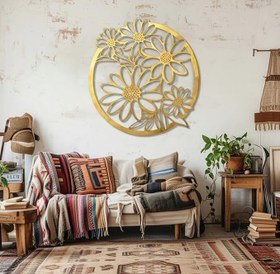 Resim Metal Papatya Çiçeği Duvar Sanatı Heykel Ev Ofis Dekorasyonu (Altın, 39"x39" / 99x99 cm) 