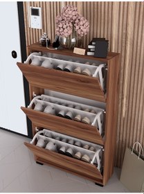 Resim Skeche Düşer Kapak Ayakkabılık Raflı Ayakkabılık 3 Bölmeli Ayakkabılık Ceviz Ceviz 