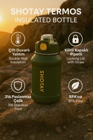 Resim ORVO Çelik Termos Spor Matara Yeşil – Pipetli & Emzikli, Kilitli Kapak 720 ML Shotay 