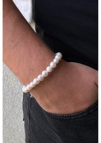 Resim 8,5 Mm Sıralı Doğal İnci Erkek Bileklik 23 Cm / Beyaz Gümüş 