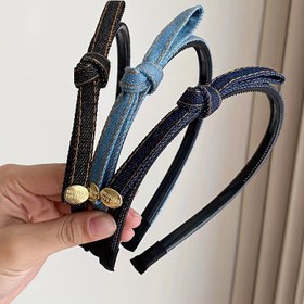 Resim 3 adet/1 adet Kadın Retro Denim Bowknot Dar Başlık Moda Yüksek Yaka Yüz Yıkama Kaymaz Kemer Dişli Başlık Saç Aksesuarları Dekor 