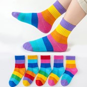 Resim 5 Çift Kız Çocukları Gökkuşağı Çizgili Rahat Çorap - Gençler İçin Nefes Alabilen, Rahat ve Dayanıklı Polyester Spor Çorapları, Canlı Renkler (Pembe, Mavi, Sarı, Yeşil, Mor) - Okul, Oyun ve Rahat Giyim İçin Mükemmel, Oyun Zamanı Temel Ürünleri | Canlı Çorap Tasarımı | Dayanıklı Çorap Malzemesi, Sevimli Çoraplar 