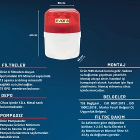 Resim Evora 13 Aşamalı 12 Lt Kapalı Şeffaf Kasa Pompasız Su Arıtma Cihazı 