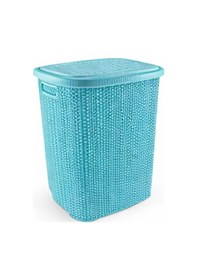 Resim Kirli Çamaşır Sepeti Kapaklı 65 Lt Örgü Desenli Plastik Çamaşır Sepeti Banyo Sepeti - Turkuaz 
