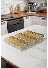 Resim 18'li Şeffaf Pleksi Standlı Cam Baharatlık Seti Gold Kapaklı Etiketli Baharatlık Takımı Mh02gld18 Gold - Şeffaf 